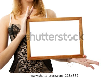 Wooden frame in beautifull woman hands isolated on white and ready for your text or picture