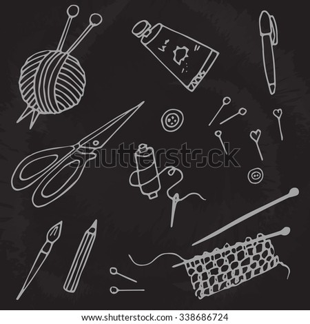Tolls for hand made and hobby, handdrawn vector illustration. Set with needles, pins, scissors, paint,pen, brush. Chalk art on blackboard