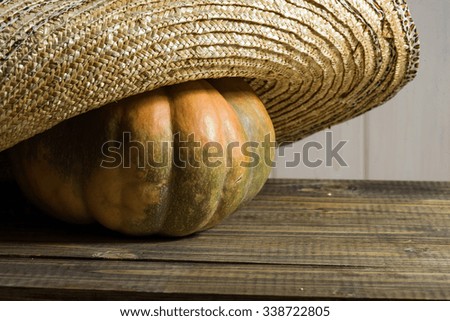 Photo rustic autumn still life closeup one big whole fresh orange pumpkin in feminine straw hat with wide flaps broad brim on wooden table on timber background, horizontal picture 