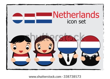 Netherlands boy, girl, businessman, business women cartoon vector illustration and Netherlands round, square and normal flag icon set
