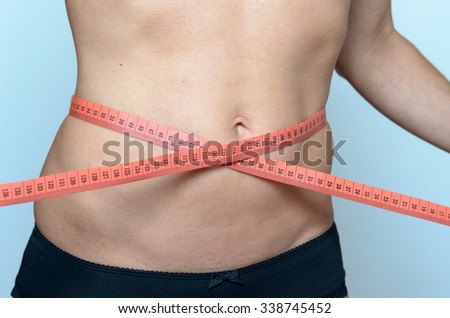 Middle aged woman measuring her waist against grey wall Background