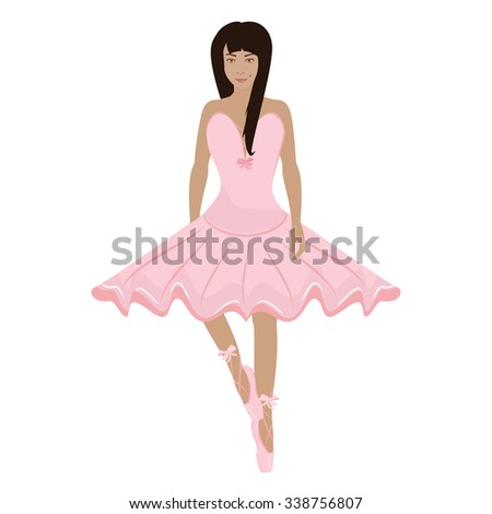 Vector illustration young girl in pink ballet pointes and ballet dress. Pointes shoes and ballet tutu for ballerina.