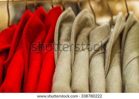 Image female coat hangs on a hanger in the store