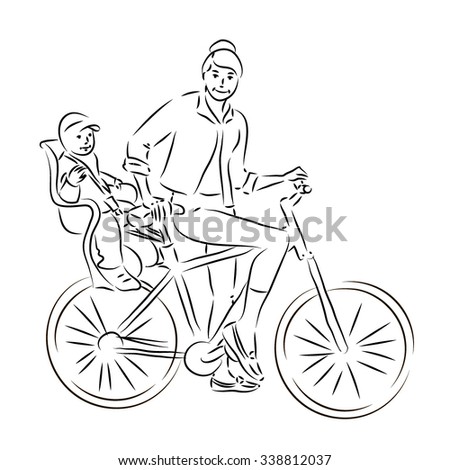 woman riding a bike with her baby. mother and son on a bicycle. character isolated. vector illustration
