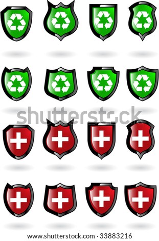 the set raster red and green shield with recycled symbol and cross (vector version in portfolio)