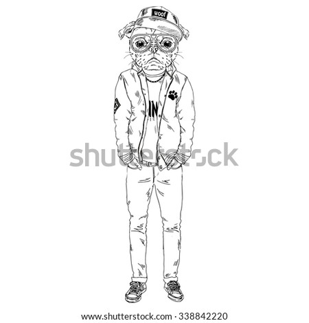 pug dressed up in hip hop style, furry art illustration