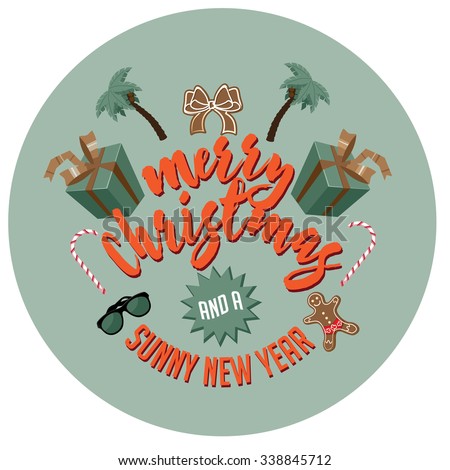 Merry Christmas badge for a warm locale, with sunglasses, palm trees and gingerbread man wearing board shorts. EPS 10 vector royalty free illustration.