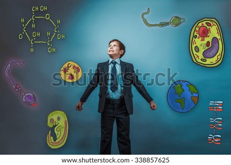 adolescence boy business style in clothes looking up smiling icons biology education formation of the embryo cell parasite