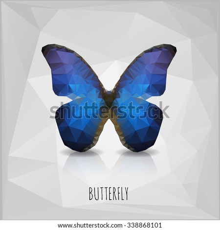 Polygonal illustration of blue butterfly isolated on a gray background. Vector.