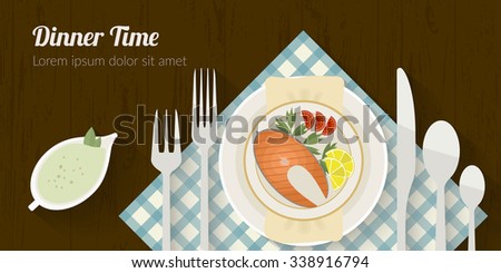 Vector cooking time illustration with flat icons. Fresh food and materials on kitchen table in flat style. Top view of healthy eating