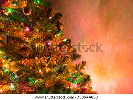 christmas tree decoration with twinkling light and christmas ornament in home, christmas holiday background