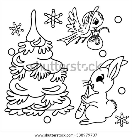  Coloring  book.  Hand drawn. Black and white.Rabbit, birdie.  Happy new year, christmas. 