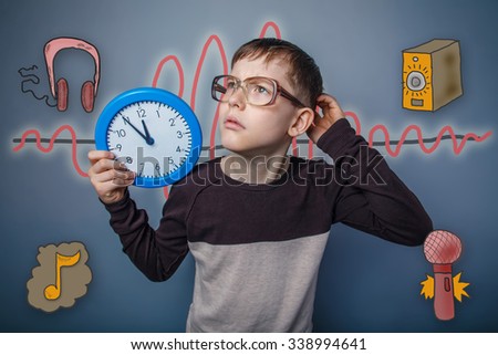 Teenage boy holding a watch and looks up scratching his head a sound wave music radio sketch symbol