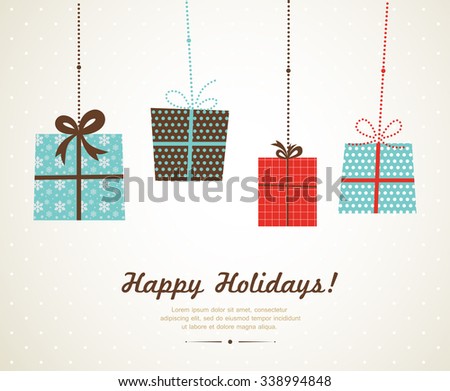 hanging christmas and seasonal presents greeting card