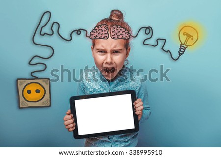 Teenage girl holding a tablet and angry shouts charging cord plug wire igniter charge and sketch infographics