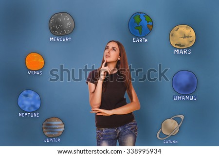 woman hand holding chin and looking up wondering planets of the solar system astronomy