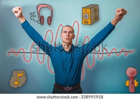 man in shirt style office victory sign held up his hands a sound wave music radio sketch symbol