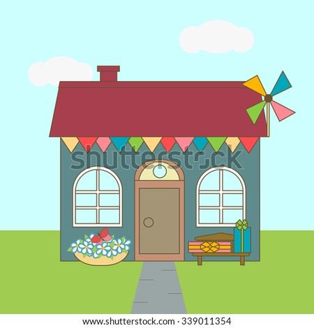Festively decorated facade of the house. Vector illustration.