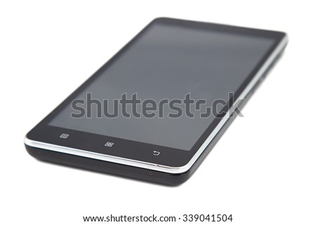 Black smartphone on white background. Isolated photo of an object with white background.