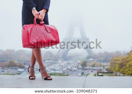 shopping in Paris, fashion woman near Eiffel Tower in France, Europe Royalty-Free Stock Photo #339048371