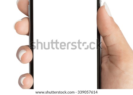 close up hand holding phone white screen isolated white with clipping patch