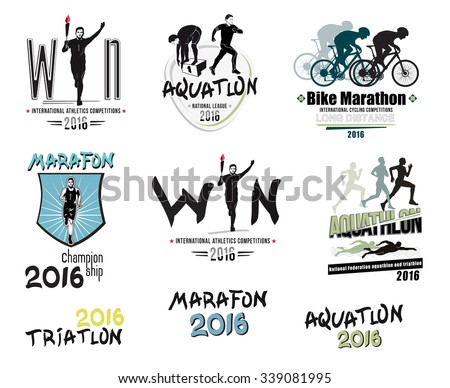 Set of modern sports: triathlon, marathon, aqua tlon, cycling logos, icons and design elements. Poster in the style of the sports competitions of endurance and speed.