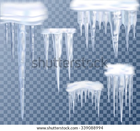 Realistic big icicles transparent set for decoration isolated vector illustration  Royalty-Free Stock Photo #339088994