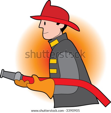 Male firefighter holding a fire hose and wearing a helmet