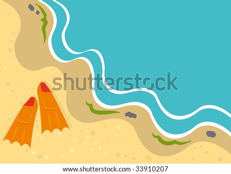 Summer background with flippers on a beach. Vector illustration.