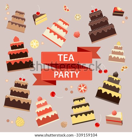 Tea party banner. Sweets, Cakes, Candies, Fruits vector illustration.