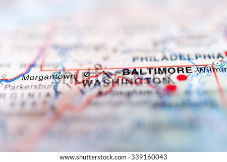 Baltimore close up on map. Shallow depth of field.