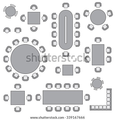 Business furniture symbols used in architecture plans icons set, top view, graphic design elements, gray isolated on white background, vector illustration. Royalty-Free Stock Photo #339167666