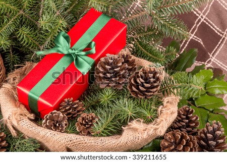 Christmas decoration with fir branches, mistletoe, wood cookies and gifts - still life