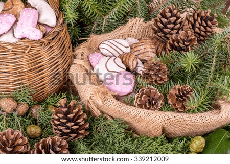 Christmas decoration with fir branches, mistletoe, wood cookies and gifts - still life