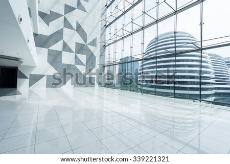 modern building interior and view of building through window