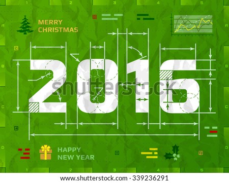 New Year 2016 as technical blueprint drawing. Drafting of 2016 on crumpled paper. Vector illustration