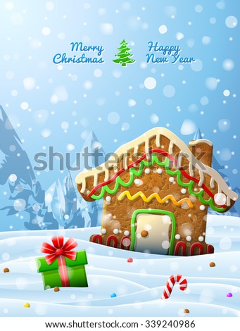 Gingerbread house decorated icing are in snow. Winter landscape with cookie, gift, candy cane. Qualitative illustration for christmas, new year's day, winter holiday, new year's eve, silvester, etc