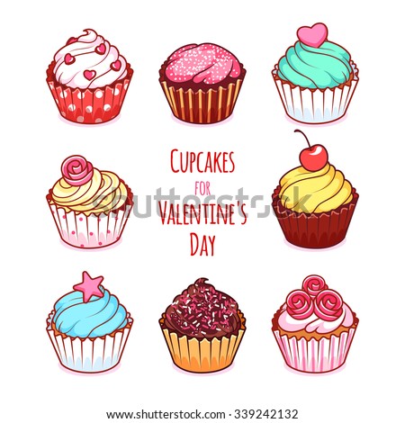 Set of different muffins. Different cupcakes for Valentine's Day. Vector clip-art illustration on a white background. Tasty and beautiful pastries.
