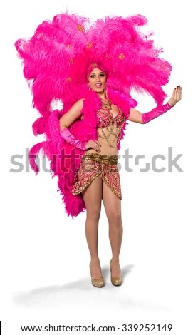 Friendly Caucasian young woman in costume holding invisible object - Isolated Royalty-Free Stock Photo #339252149