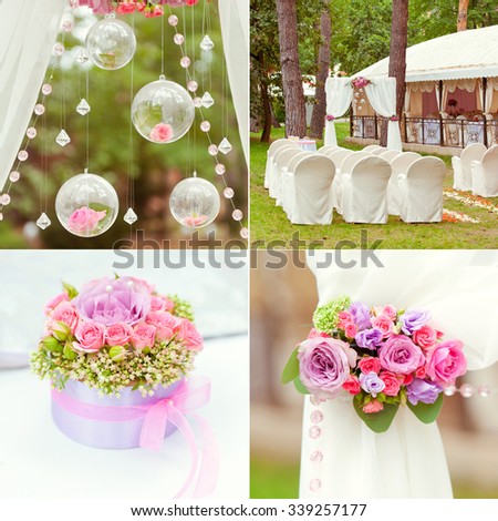 Collage of four wedding photos.Beautiful wedding decoration, flowers and floral, wedding ceremony when.