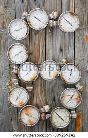 number six ,alphabetic fronts and numbers design, concept industry background from old tool or equipment on wooden background.