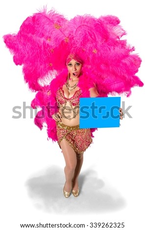 Amazed Caucasian young woman in costume holding medium sign - Isolated