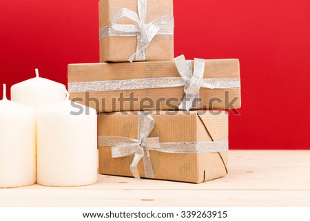 Christmas decorations on red background