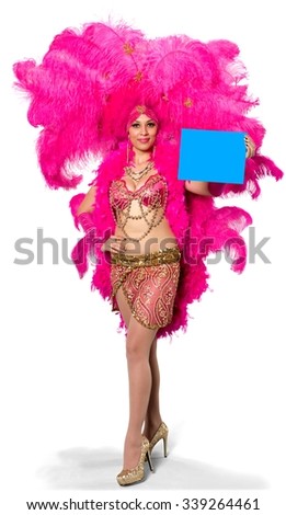 Serious Caucasian young woman in costume holding medium sign - Isolated
