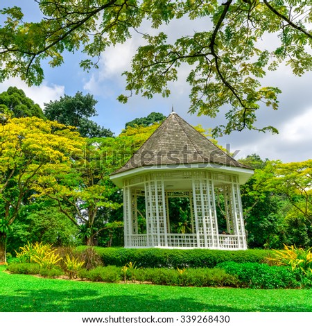 The Bandstand (or Gazebo) at the Botanic Gardens, an UNESCO World Heritage Site of Singapore. It has more than 10K species of flora, spreads over its 74ha area, and receives 4.5M visitors annually