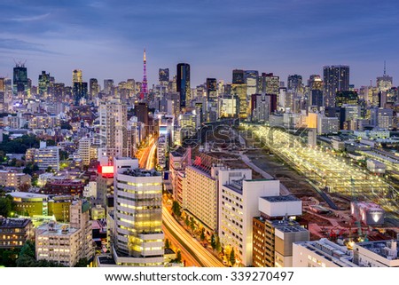 Tokyo, Japan cityscape towards Tokyo Tower.