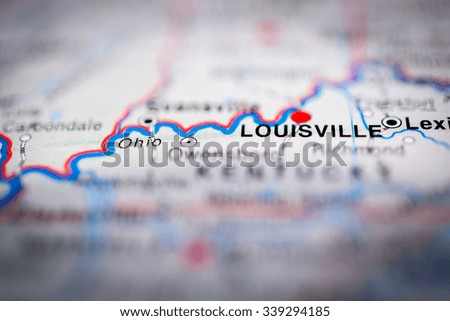 Louisville close up on map. Shallow depth of field. (vignette)