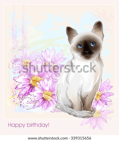 birthday card with  thai kitten and gerberas