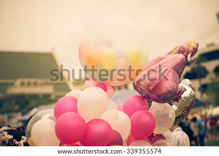 Vintage retro picture style -  a lot of balloon concept of celebration in summer for valentine, wedding ,honeymoon and congratulation.