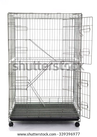 Wire cat crate or animal cage on white background isolated